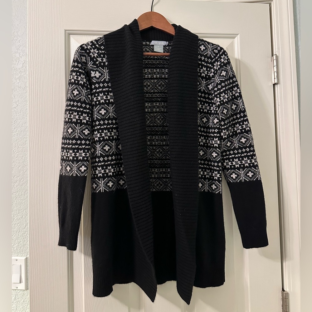 Hayden black and white Fairisle Cashmere Open Front Cardigan size Small